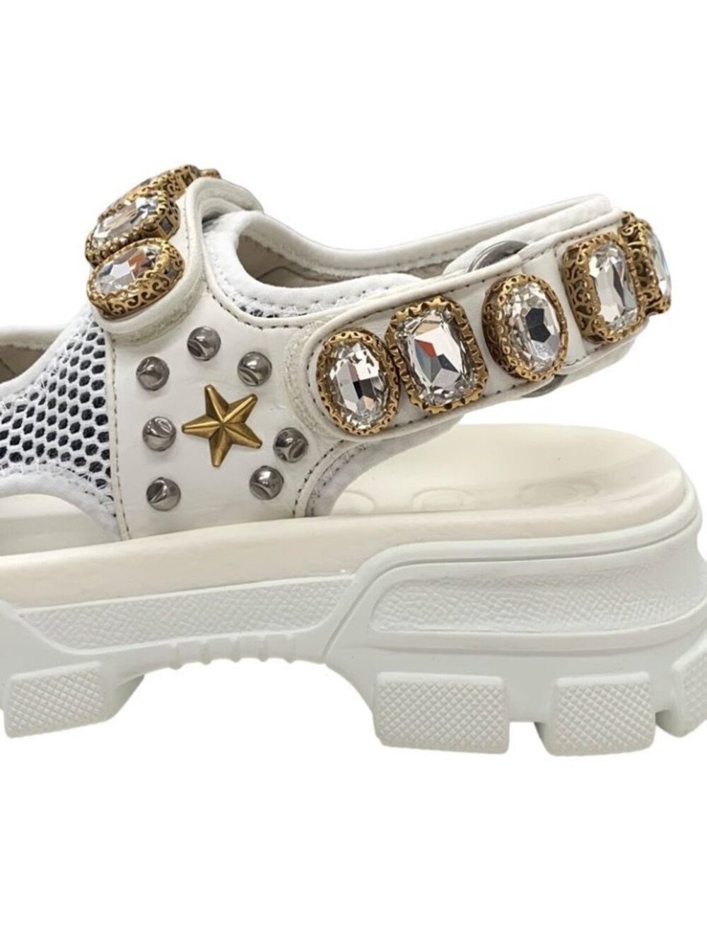 Gucci Sandals Shoes Mesh Leather White Gold Silver Sports Flat - Picture 10 of 11